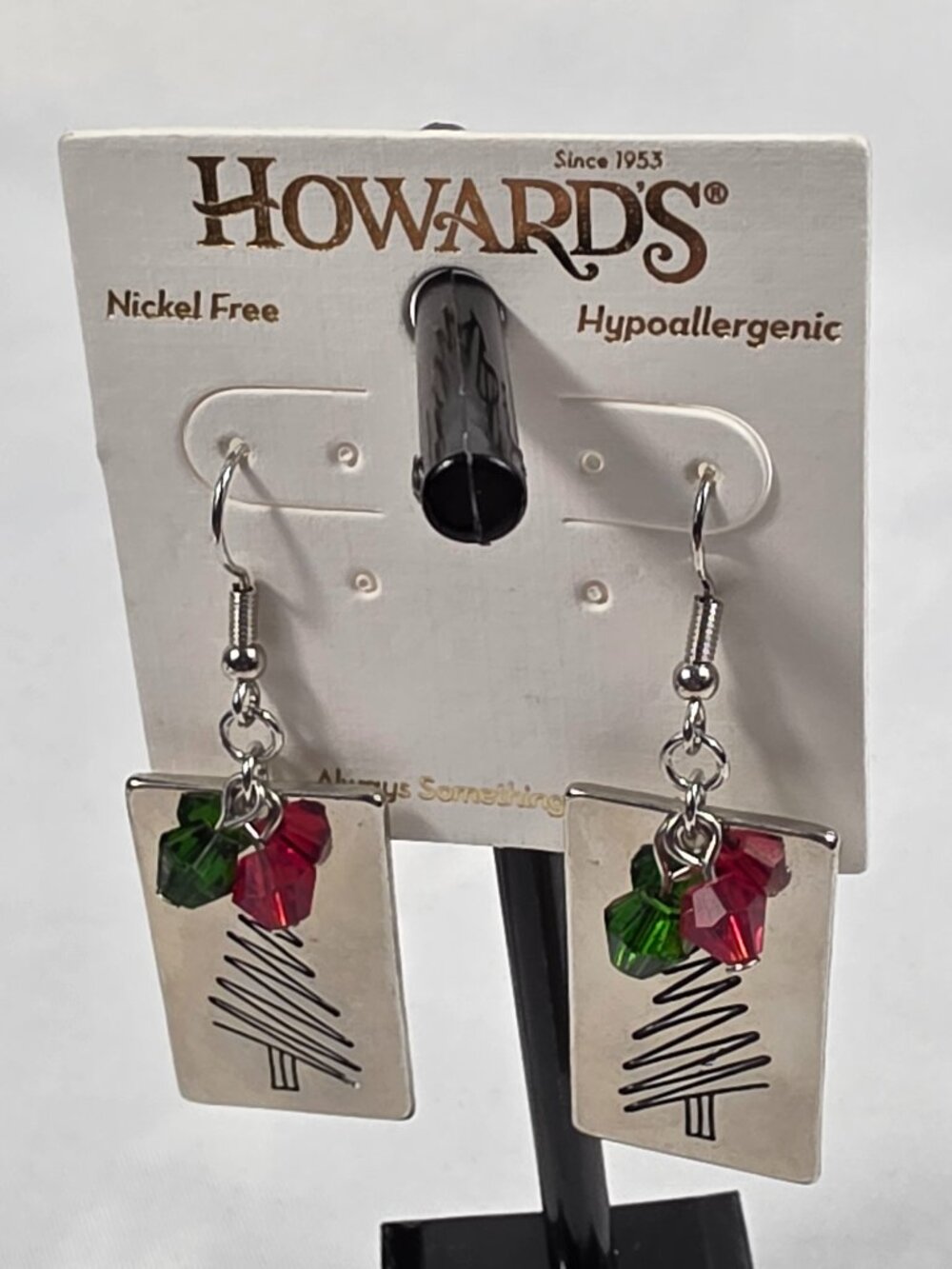 Howard's Holiday Silver Christmas Tree Drop Earrings Red & Green Crystals NEW